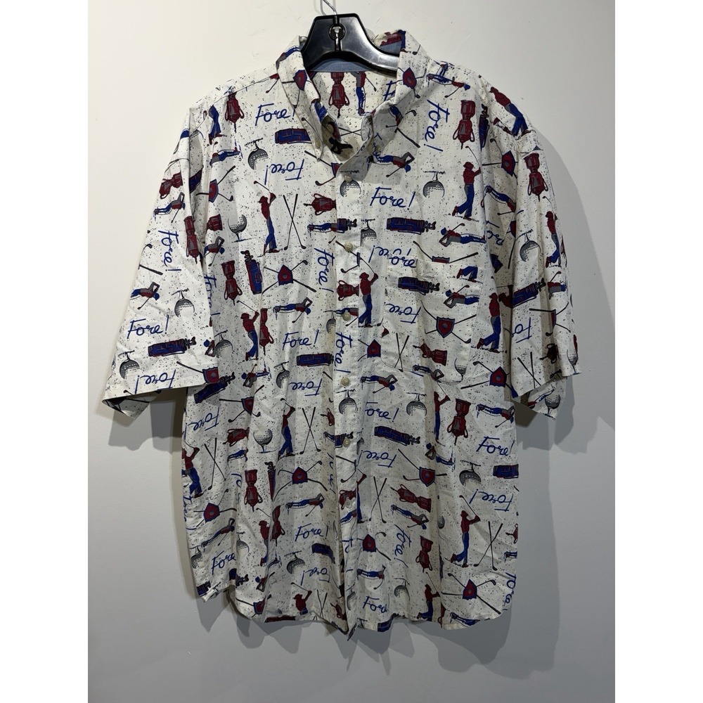 Vintage Bugle Boy Company Golf Print Clubs Bags Fore! Button Up Shirt XL 90's